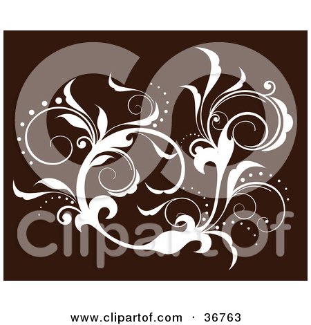 Clipart Illustration of an Elegant White Silhouetted Leafy Vine Flourish Accent On A Brown Background by OnFocusMedia