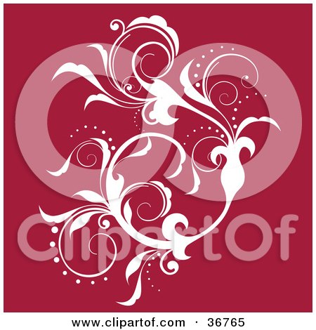 Clipart Illustration of an Elegant White Silhouetted Leafy Vine Flourish Accent On A Red Background by OnFocusMedia