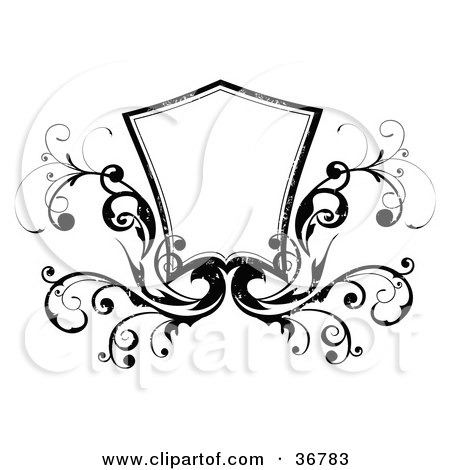Clipart Illustration of a Blank Black And White Shield With Vines by OnFocusMedia