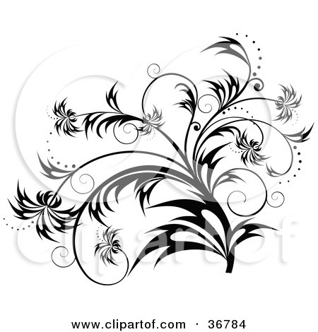 Clipart Illustration of an Elegant Black And White Plant Scroll Design Element With Sparkles And Whispy Leaves by OnFocusMedia