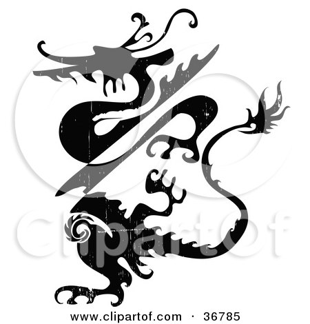 Clipart Illustration of a Black And White Grunge Dragon by OnFocusMedia