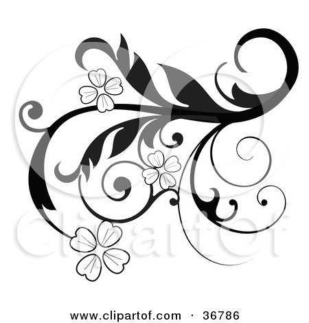 Clipart Illustration of an Elegant Black And White Scroll Design Element With Blooming Flowers And Curly Tendrils by OnFocusMedia