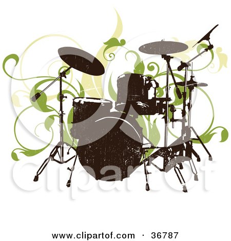 Clipart Illustration of a Silhouetted Drum Set Abd Green Vines On A White Background by OnFocusMedia