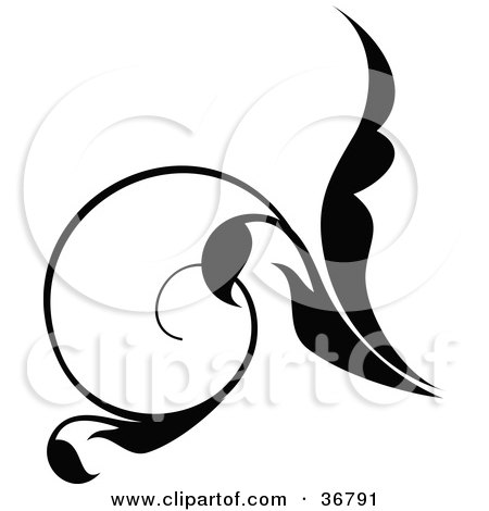 Clipart Illustration of a Curly Black Silhouetted Leaf Scroll Design Element by OnFocusMedia