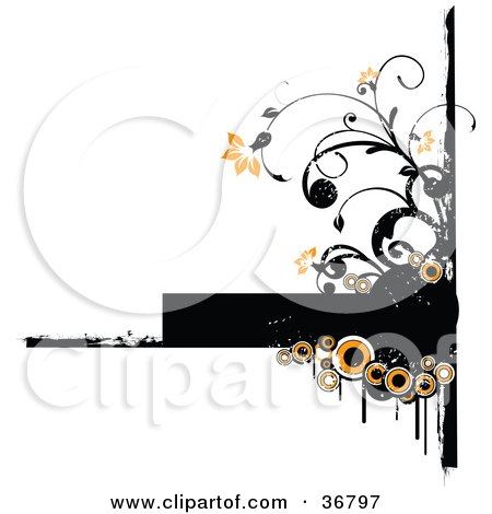 Clipart Illustration of a Black Grunge Text Box Bordered In Orange And Black Circles And Flowering Vines by OnFocusMedia