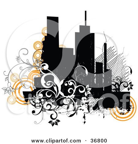 Clipart Illustration of a Grunge City Skyline With Orange Circles And Black And White Vines by OnFocusMedia