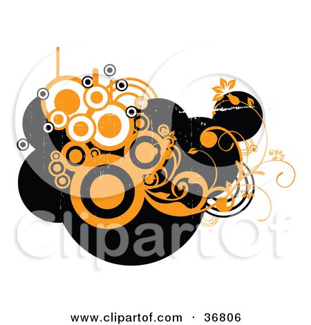 Clipart Illustration of a Cluster Of Black Silhouetted Circles Behind Orange And White Circles With Vines by OnFocusMedia
