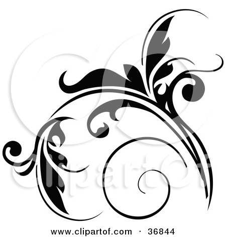 Clipart Illustration of a Floral Design Element In Black, With Tendrils by OnFocusMedia