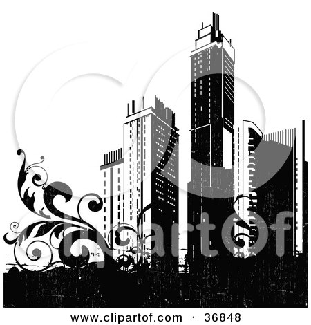 Clipart Illustration of Black City Skyscrapers And Vines by OnFocusMedia