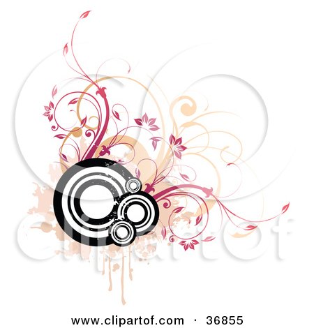 Clipart Illustration of a Corner Design Element Of Circles With Orange And Pink Vines And Splatters by OnFocusMedia