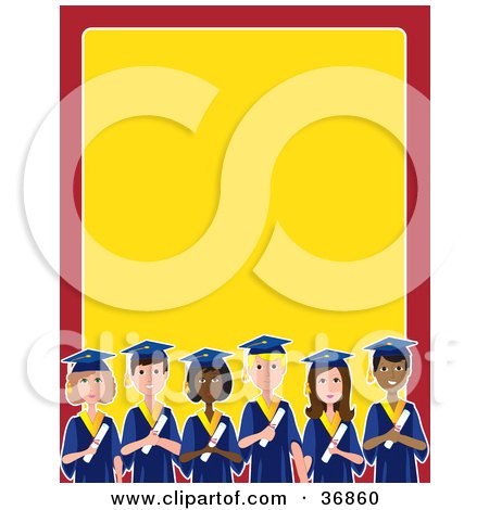 Clipart Illustration of a Group Of Diverse Male And Female Students Graduating, On A Red And Yellow Stationery Background by Maria Bell