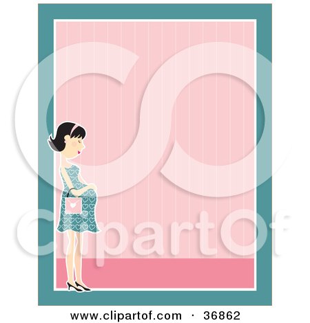 Clipart Illustration of a Gentle Pregnant Woman In A Dress, Caressing Her Belly, On A Pink And Blue Stationery Background by Maria Bell