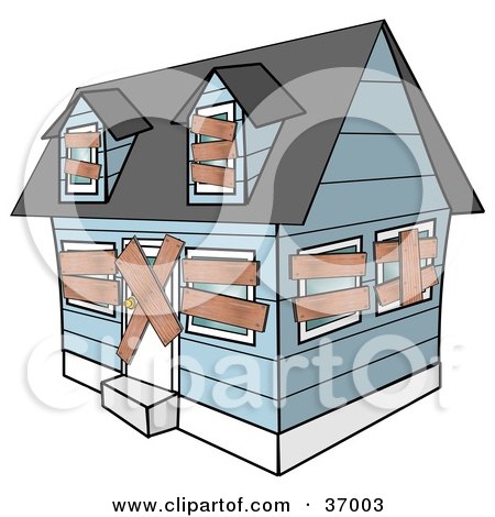 Clipart Illustration of a Blue Foreclosed Home With Boarded Up Windows And Doors by djart