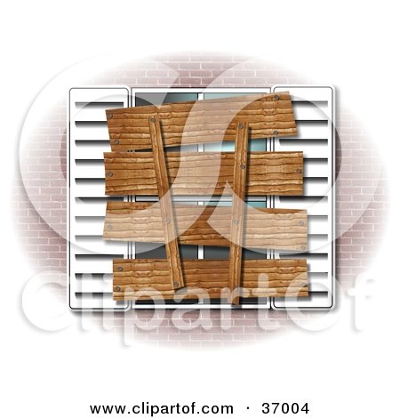 Clipart Illustration of a Boarded Up Window And Shutters Of A Foreclosed Brick Home by djart