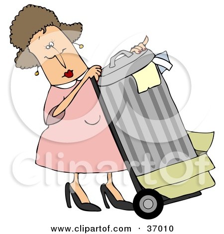 Clipart Illustration of a Woman In Pink, Rolling Trash Out To The Curb by djart