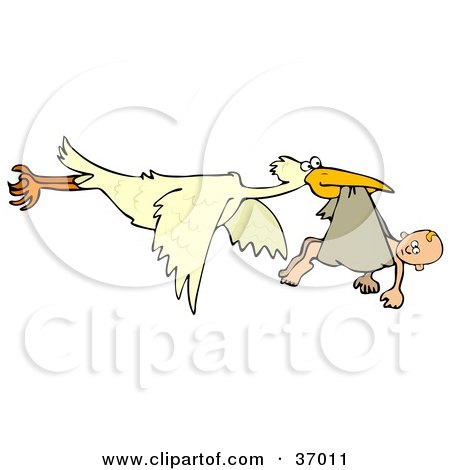 Clipart Illustration of a Baby Hanging Out Of A Cloth In A Storks Beak by djart