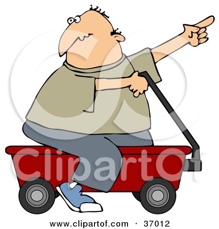 Clipart Illustration of a Man Pointing And Riding On A Red Wagon by djart