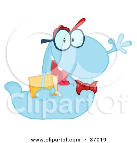 Clipart Illustration of a Waving Blue Worm Student Carrying A Book by Hit Toon