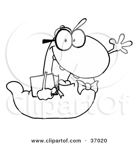 Clipart Illustration of a Black And White Outline Of A Waving School Worm Student Carrying A Book by Hit Toon