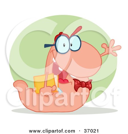 Clipart Illustration of a Friendly Pink School Worm Student Waving And Carrying A Book, With A Green Circle And Shadow by Hit Toon
