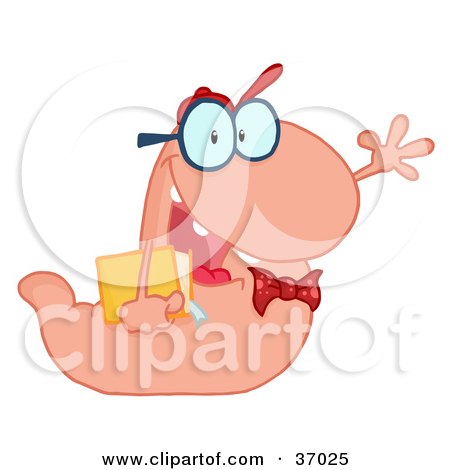 Clipart Illustration of a Waving Pink Worm Student Carrying A Book by Hit Toon