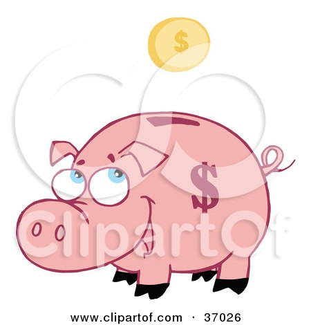 Clipart Illustration of a Jolly Pink Piggy Bank Watching A Coin Fall Into The Slot by Hit Toon