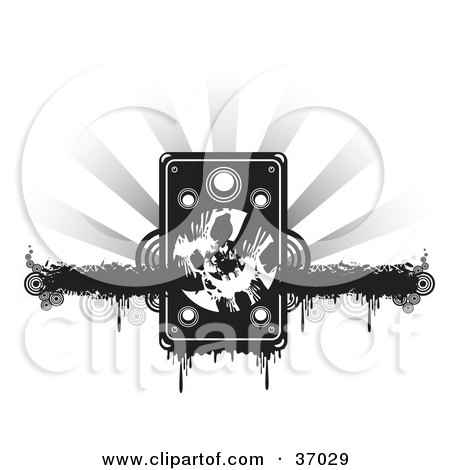 Clipart Illustration of a Grungy Speaker Over A Black Dripping Grunge Bar With Circles, On A Bursting Gray And White Background by Alexia Lougiaki