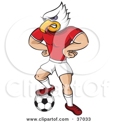 Clipart Illustration of an Eagle Mascot In Uniform, Standing With His Hands On His Hips And One Foot On A Soccer Ball by Paulo Resende