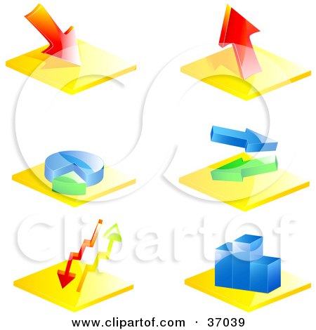 Clipart Illustration of Six Colorful Financial Icons Of Arrows, Charts And Graphs by elaineitalia