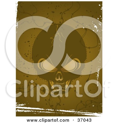 Clipart Illustration of a Grungy Brown Background Of A Cracked Skull, Barbed Wire And Splatters by elaineitalia