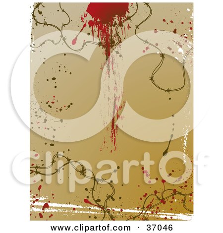 Clipart Illustration of a Brown Background Of Barbed Wire Grunge, Splatters And Blood by elaineitalia