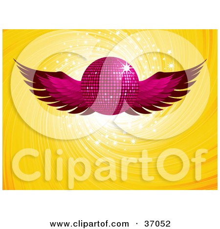Clipart Illustration of a Pink Winged Disco Party Ball Over A Sparkling And Swirling Yellow Background by elaineitalia