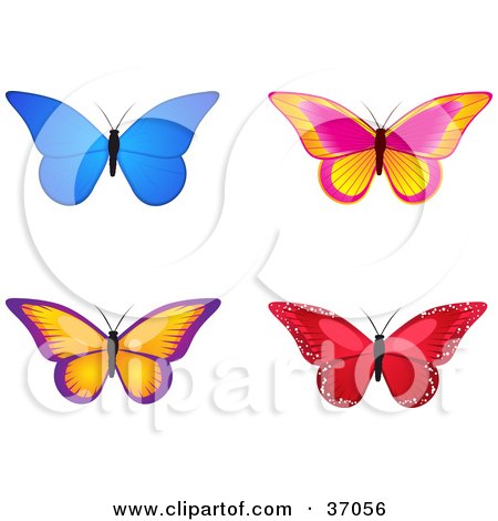 Clipart Illustration of Four Colorful Butterflies, One Red And Sparkly by elaineitalia
