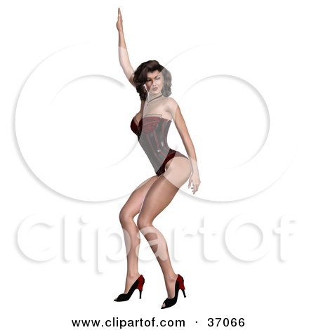 Clipart Illustration of a Realistic 3D Rendered Seductive Caucasian Pinup Woman In Heels And A Bodice, Dancing by Anita Lee