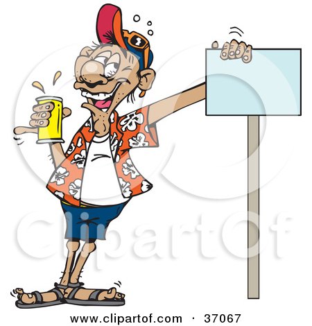 Clipart Illustration of a Drunk Man Holding A Can Of Beer And Leaning Against A Blank Sign by Dennis Holmes Designs