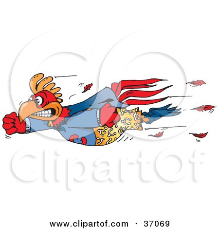 Clipart Illustration of a Flying Super Hero Rooster To The Rescue by Dennis Holmes Designs