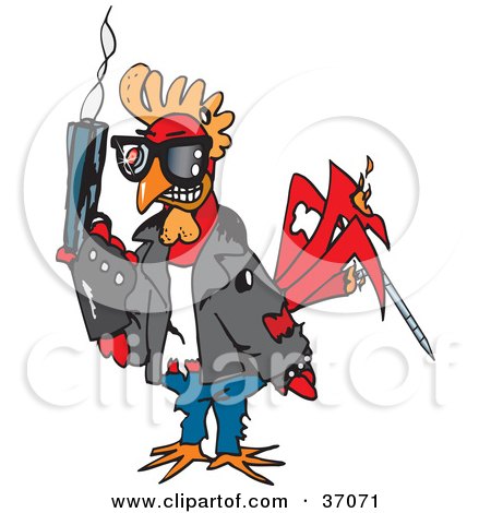 Clipart Illustration of a Terminator Rooster Holding A Smoking Gun by Dennis Holmes Designs