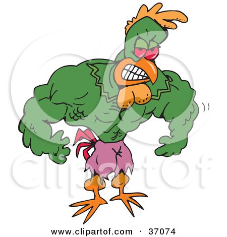 Clipart Illustration of a Strong Green Rooster Super Hero Or Body Builder by Dennis Holmes Designs