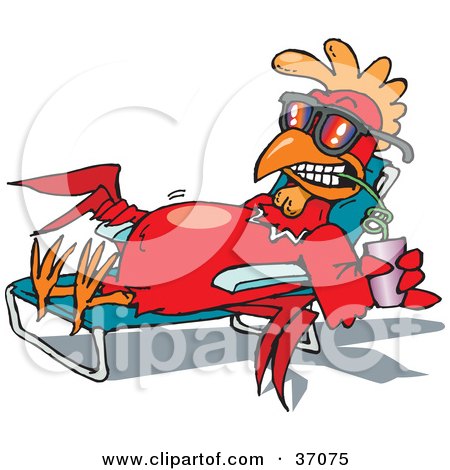 Clipart Illustration of a Relaxed Red Rooster In Shades, Sun Bathing On A Lounge Chair And Sipping A Drink by Dennis Holmes Designs