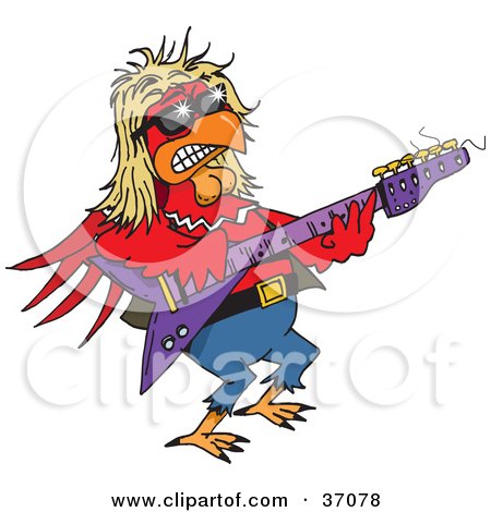 Clipart Illustration of a Hip Red Rooster Playing An Electric Guitar At A Rock N Roll Concert by Dennis Holmes Designs