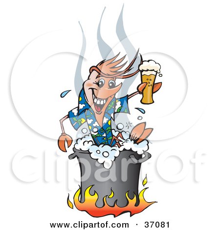 Clipart Illustration of a Happy Shrimp Toasting With Beer While Boiling Over A Fire In A Pot by Dennis Holmes Designs