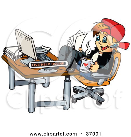 Clipart Illustration of a Happy Young Man Holding Papers And Coffee, Sitting At His Office Desk With His Feet Up by Dennis Holmes Designs