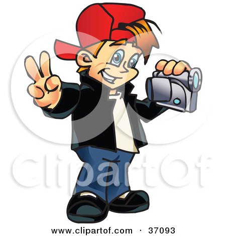 Clipart Illustration of a Happy Young Boy Gesturing The Peace Sign And Using A Handy Cam by Dennis Holmes Designs
