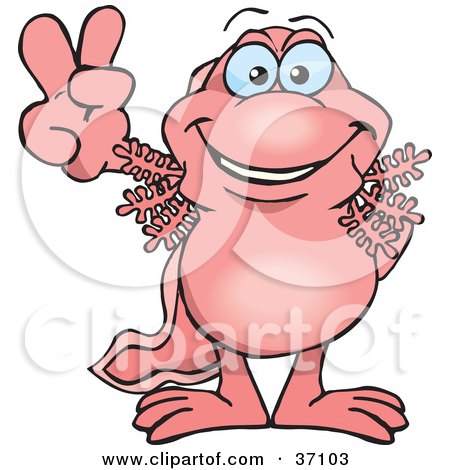 Clipart Illustration of a Peaceful Pink Walking Fish Smiling And Gesturing The Peace Sign by Dennis Holmes Designs