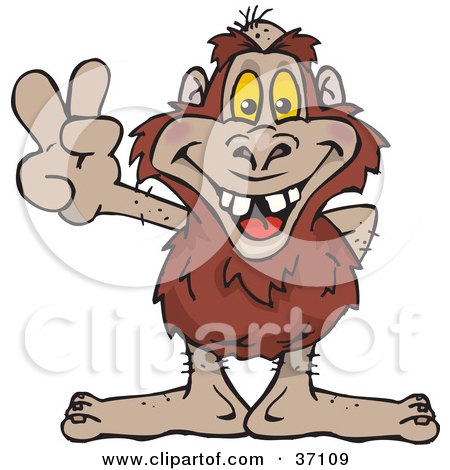 Clipart Illustration of a Peaceful Yowie Smiling And Gesturing The Peace Sign by Dennis Holmes Designs