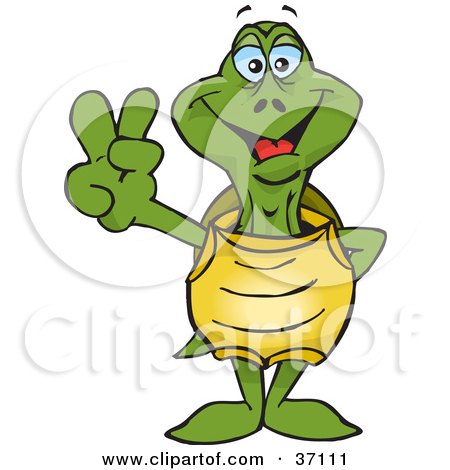 Clipart Illustration of a Peaceful Green Turtle Smiling And Gesturing The Peace Sign by Dennis Holmes Designs