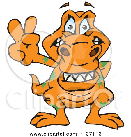 Clipart Illustration of a Peaceful T Rex Smiling And Gesturing The Peace Sign by Dennis Holmes Designs