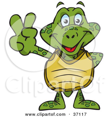 Clipart Illustration of a Peaceful Turtle Smiling And Gesturing The Peace Sign by Dennis Holmes Designs