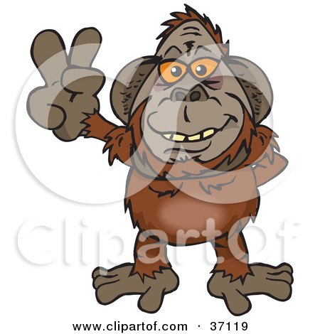 Clipart Illustration of a Peaceful Orangutan Smiling And Gesturing The Peace Sign by Dennis Holmes Designs