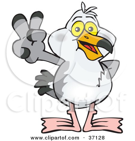 Clipart Illustration of a Peaceful Seagull Smiling And Gesturing The Peace Sign by Dennis Holmes Designs